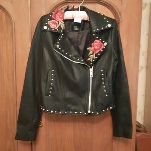 Rose Embroidered Leather Moto Jacket